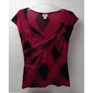 Worthington Women's Size S Maroon/Black Wrap-Design Blouse Short Sleeve Stretch